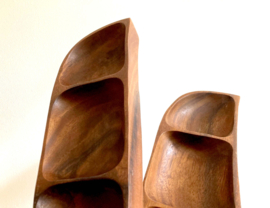 Set teak(?) houten vintage schalen. Handgemaakte retro snackschaal, 2 stuks