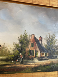 Klein schilderijtje van een boerderijtje + andere voorstelling. Olieverf schilderij op doek