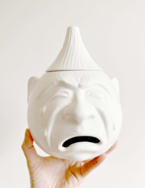 Witte vintage uienpot - huilend gezicht. Aardewerk retro pot, jaren 80