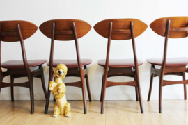 4 houten vintage eetkamerstoelen, Louis van Teeffelen for Wébé? Retro design stoelen.