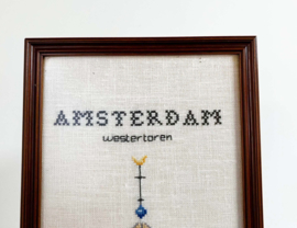 Vintage borduurwerk, Westertoren - Amsterdam. Geborduurd 'schilderij', kerktoren