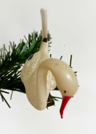 Glazen vintage kerstversiering - zwaan/ooievaar. Antieke vogel op knijpertje