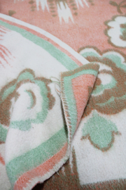Roze / mintgroene wollen vintage deken. Retro sprei - 160 x 206 cm
