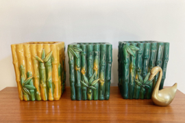 Vintage majolica bloempot. Gele retro Bamboe pot.