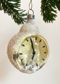 Glazen vintage kerstbal - wekker / klokje. Antiek zilveren kerstornament