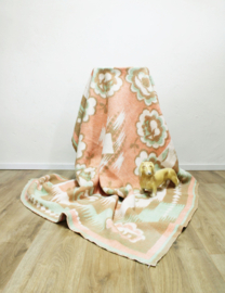 Roze / mintgroene wollen vintage deken. Retro sprei - 160 x 206 cm