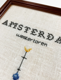 Vintage borduurwerk, Westertoren - Amsterdam. Geborduurd 'schilderij', kerktoren