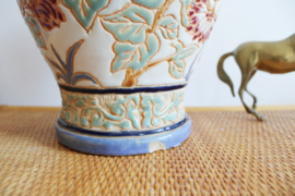 Grote aardewerk vintage pot met deksel.  Blauwe Oosterse vaas / dekselvaas