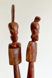 Houten vintage slabestek, Afrikaans? Handgemaakte lepel en vork.