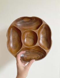 Houten vintage schaal met 2 bakjes. Boho bord met vakken / snackschaal