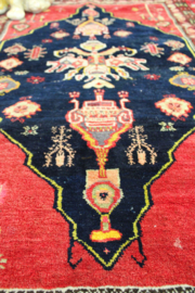 Handgeknoopt Oosters kleedje rood/blauw. Uniek vintage tapijt
