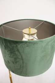 Goudkleurig vloerlamp met groene kap. Vintage lamp in Hollywood Regency stijl