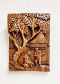 Groot hand gesneden houten paneel. Vintage kunstwerk / Oosters paneel