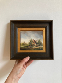 Klein schilderijtje van een boerderijtje + andere voorstelling. Olieverf schilderij op doek