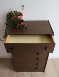 Hoge vintage schoenenkast. Retro ladekast met grote knoppen.