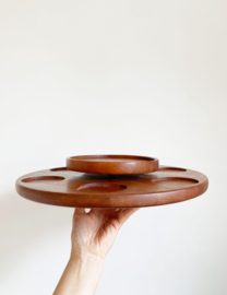 Teakhouten vintage "Lazy Susan' schaal. Retro serveerschaal met 2 lagen