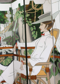 Groot kamerscherm in Art Deco stijl. Houten vintage roomdivider