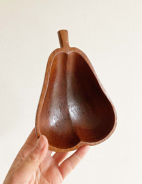 Set teak houten schaaltjes, 2 appels en een peer. Drie vintage fruit bakjes