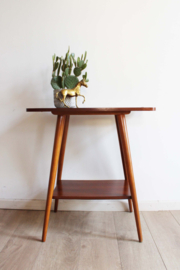 Houten vintage bijzettafel met dubbel blad. Retro Mid Century design tafel