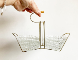 Set glazen vintage onderzettertjes in houder. 8 glazen retro onderzetters