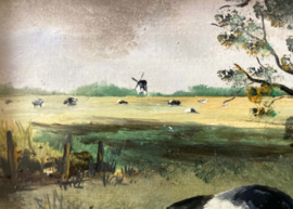 Klein schilderijtje van een koe in de wei. Olieverf schilderij op doek