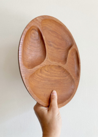 Teakhouten vintage fonduebord. Retro bord/ schaal met vakjes