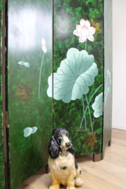 Groot kamerscherm in Art Deco stijl. Houten vintage roomdivider