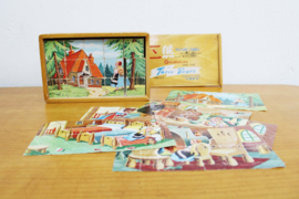 Vintage puzzel: Goudlokje en de 3 beren. Retro blokken / blokpuzzel
