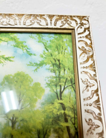 Vintage 'schilderijtje' met landschap en koeien. Retro prent in lijst.