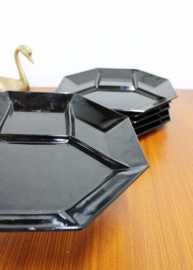 Set zwart glazen vintage fondueborden- Arcoroc -France Octime. 6 retro bordjes