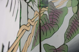 Groot kamerscherm in Art Deco stijl. Houten vintage roomdivider