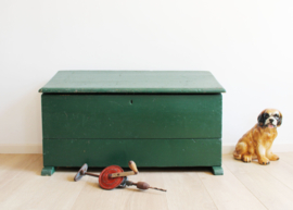 Grote groene kist met inhoud. Vintage timmermanskist / gereedschapskist.