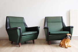 Set groene vintage fauteuils. Retro Mid Century design stoelen.