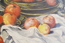 Flink olieverf schilderij op doek in lijst. Sfeervol stilleven met appels.