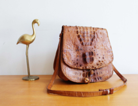 Vintage krokodillen lederen tas. Boho schoudertas met vakken, krokodil?