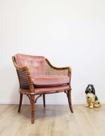 Vintage fauteuil met roze velvet kussens. Rotan Boho stoel, Giorgetti?