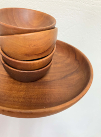 Set houten vintage bakjes. 5 retro schaaltjes, 1 groot 4 klein