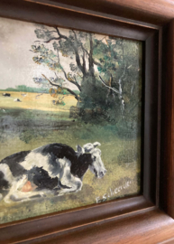 Klein schilderijtje van een koe in de wei. Olieverf schilderij op doek