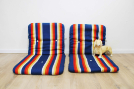 Set van 2 vintage tuinstoelkussens. Twee  blauw gestreepte retro kussens