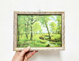 Vintage 'schilderijtje' met landschap en koeien. Retro prent in lijst.