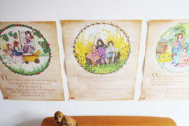 Set van 8 vrolijke vintage posters met kinderversjes. Retro gedichten poster