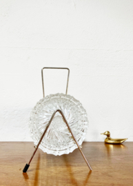 Set vintage onderzettertjes van glas in houder. 11 glazen onderzetters