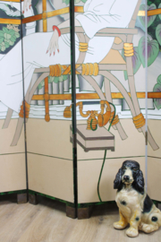 Groot kamerscherm in Art Deco stijl. Houten vintage roomdivider