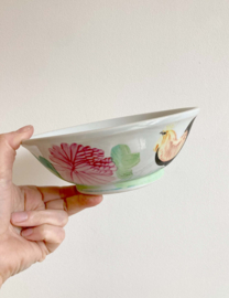 Chinese rijstkom met haan decor.  Aardewerk vintage schaal / rooster bowl / hanen kom