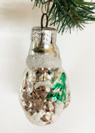 Glazen vintage kerstbal - kerstman, no 3. Antieke zilveren kerstversiering