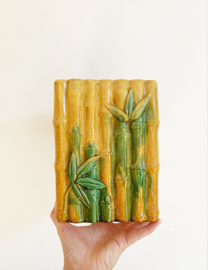Vintage majolica bloempot. Gele retro Bamboe pot.