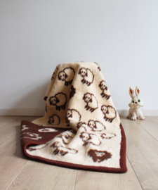 Bruin - beige vintage kinderdeken met schaapjes. Retro sprei / plaid, dralon?