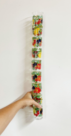 Set vintage sapglazen. 9 retro glazen met fruit decor - France.