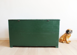 Grote groene kist met inhoud. Vintage timmermanskist / gereedschapskist.