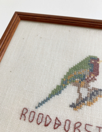 Set vintage borduurwerkjes met vogels. Geborduurde 'schilderijtjes', putter en roodborst